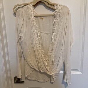 Boho White Crochet Trim Wrap Blouse, Size L